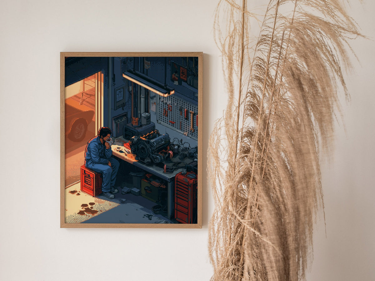 Mechanic Drinks Coffee Poster | Blue and Orange Pixel Art Print | Workshop Wall Art — styled in an interior