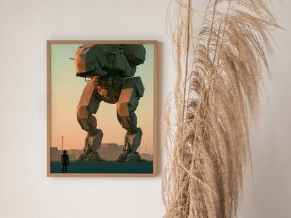 Mech Waits Dawn Poster | Teal and Orange Low Poly Art Print | Sci-Fi Wall Art — styled in an interior