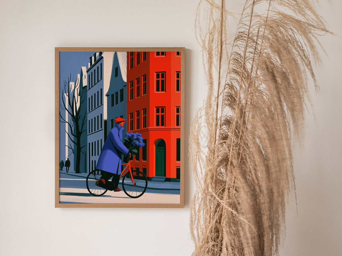 Cyclist Carries Hydrangeas Poster | Cobalt and Yellow Illustrative Art Print | Modernist Wall Art — styled in an interior