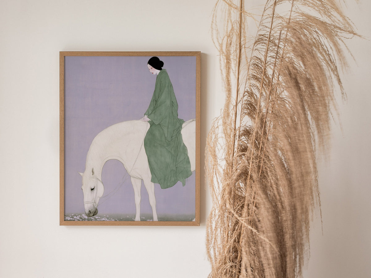 Lady Rides White Poster | Sage and Cream Japanese Watercolor Art Print | Minimalist Wall Art — styled in an interior