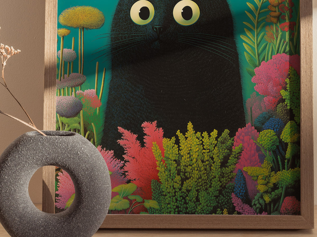 Black Cat in Garden Poster | Animals Art Print — styled in an interior
