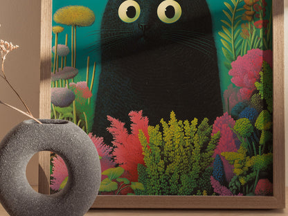 Black Cat in Garden Poster | Animals Art Print — styled in an interior