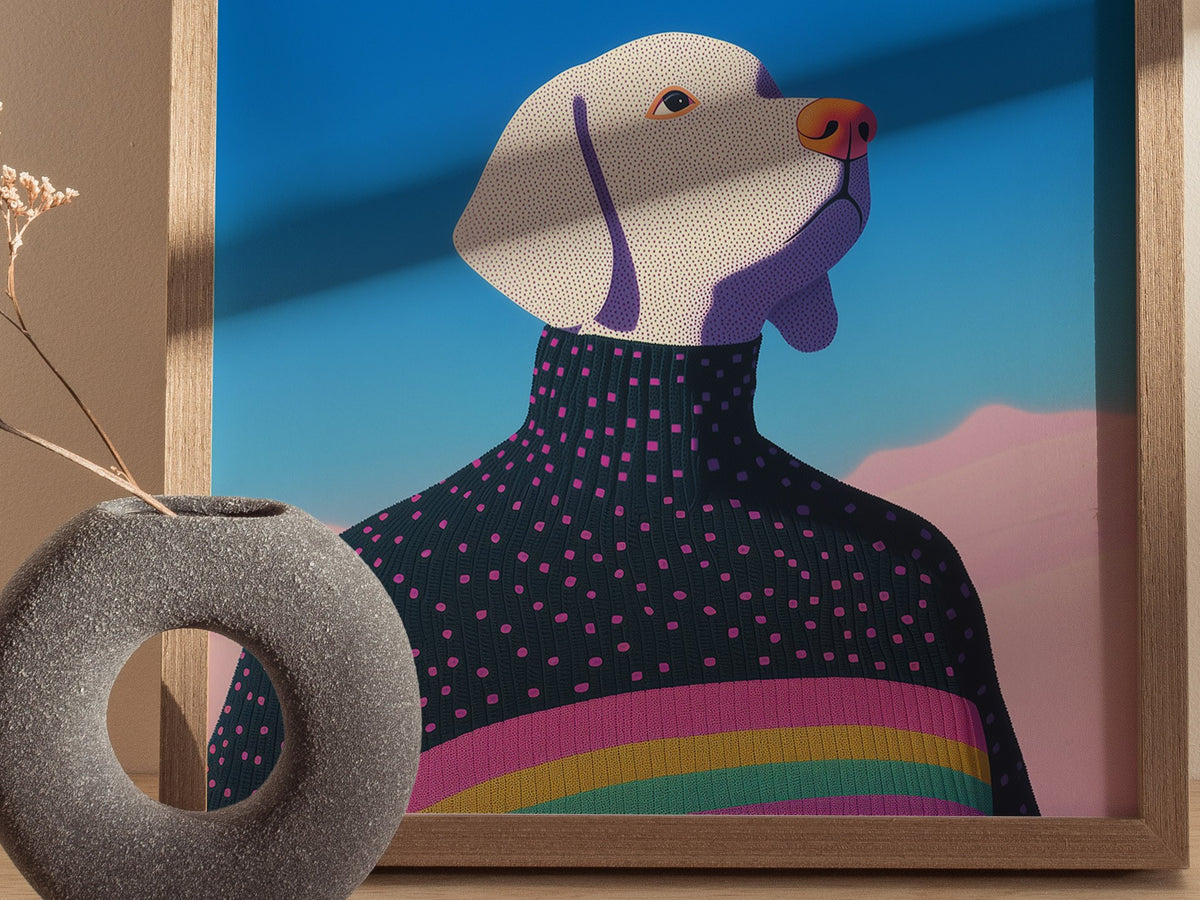 Rainbow Dog Sweater Poster | Kids Art Print — styled in an interior