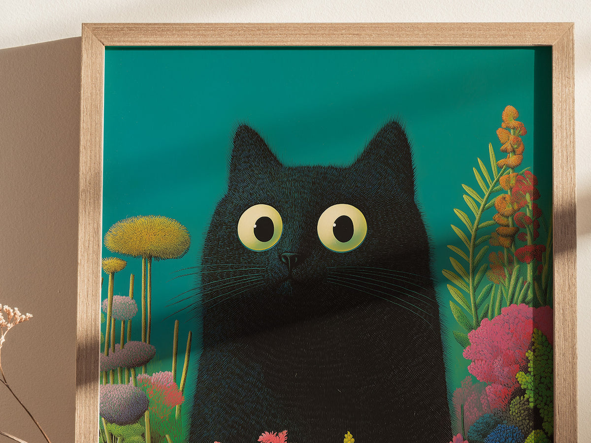 Black Cat in Garden Poster | Animals Art Print — styled in an interior