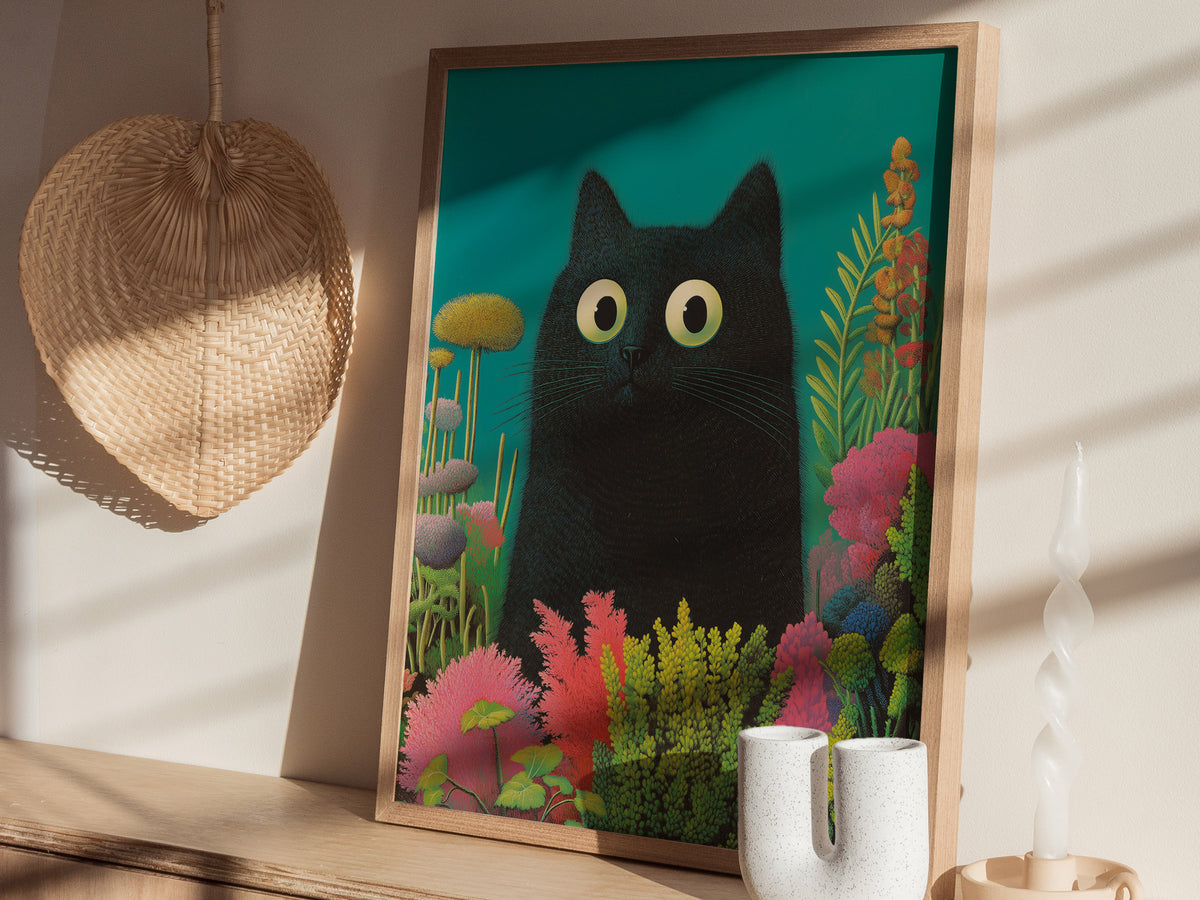 Black Cat in Garden Poster | Animals Art Print — styled in an interior