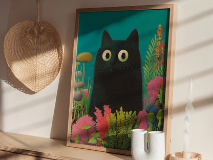 Black Cat in Garden Poster | Animals Art Print — styled in an interior