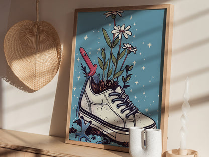 Sneaker Garden Poster | Blue and Coral Illustrative Art Print | Plant Lover Wall Art — styled in an interior