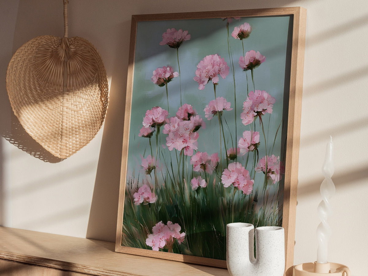 Thrift Blooms Sage Poster | Pink and Sage Oil Painting Art Print | Cottagecore Wall Art — styled in an interior