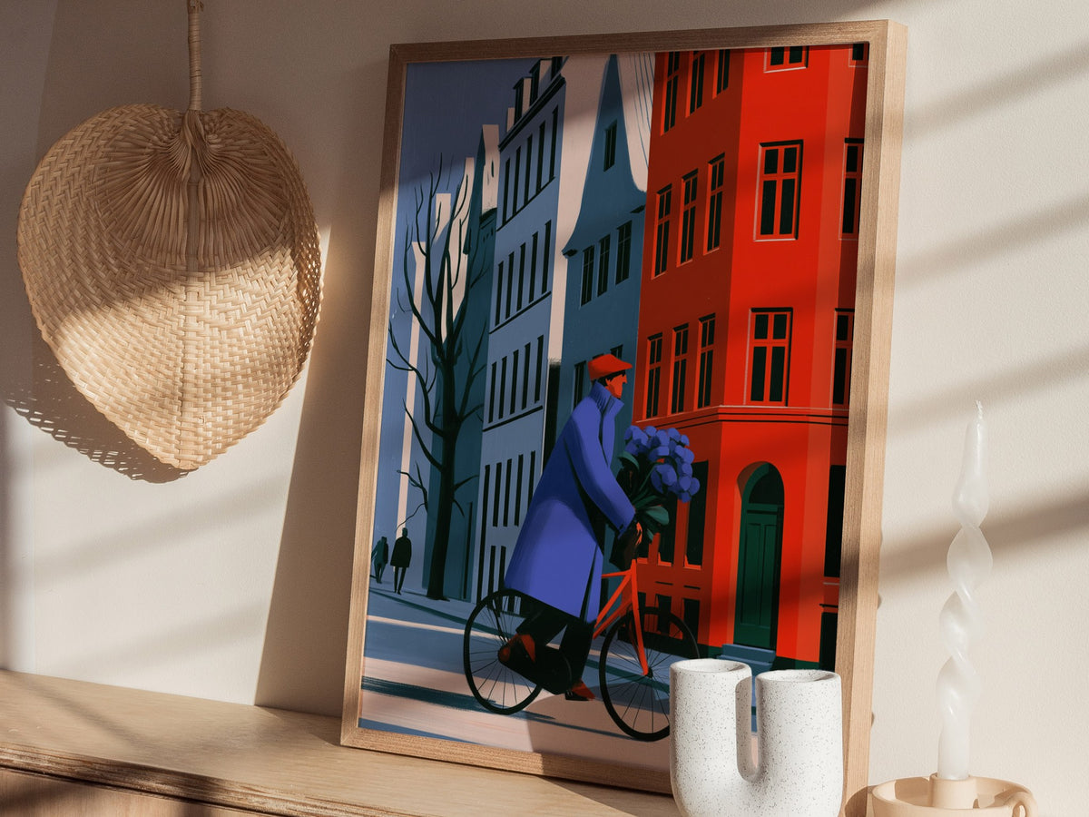 Cyclist Carries Hydrangeas Poster | Cobalt and Yellow Illustrative Art Print | Modernist Wall Art — styled in an interior