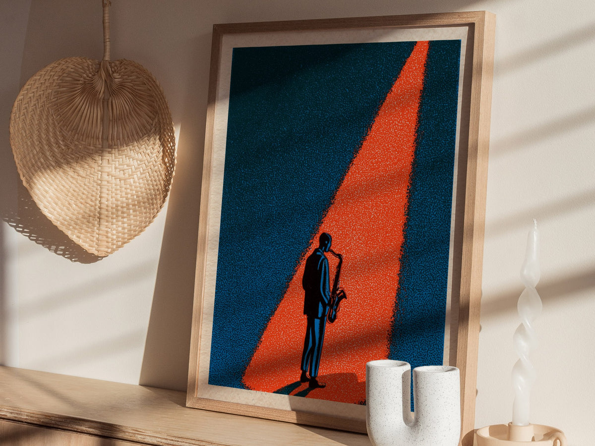 Spotlight Finds Him Poster | Teal and Coral Screen Print Art Print | Jazz Lover Wall Art — styled in an interior