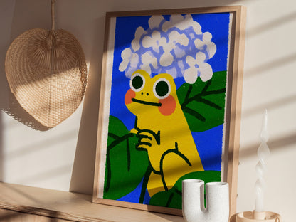 Toad with Hydrangeas Poster | Yellow and Periwinkle Illustrative Art Print | Kids Room Wall Art — styled in an interior