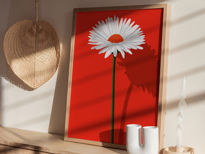 White Daisy on Red Poster | Red and White Flat Design Art Print | Modernist Wall Art — styled in an interior