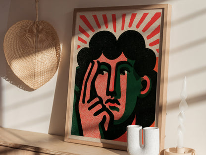 Thinker Touches Temple Poster | Coral and Green Screen Print Art Print | Modernist Wall Art — styled in an interior