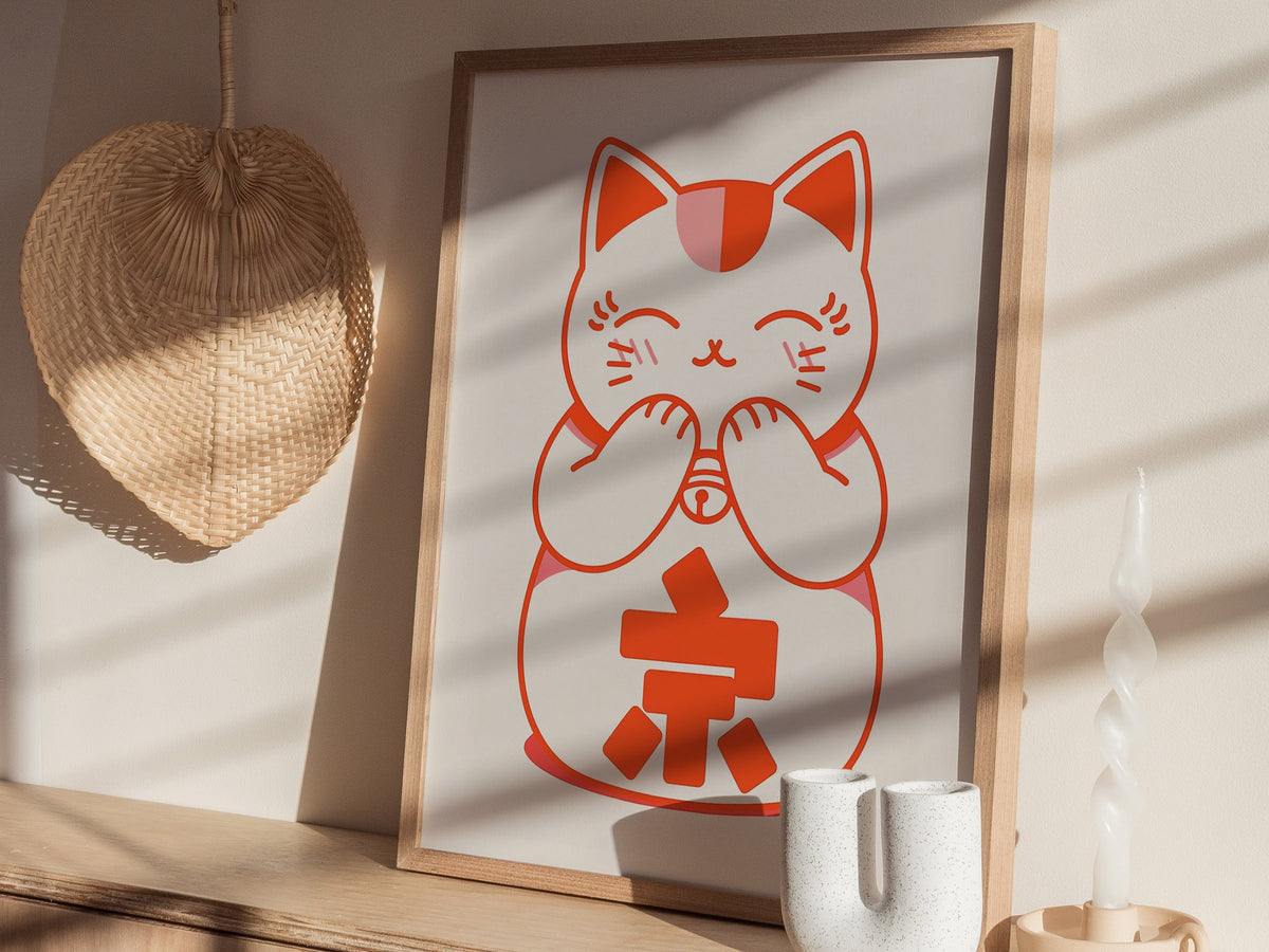 Maneki-neko Cat Poster | Wildlife Art Print — styled in an interior