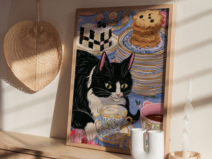 Cat Takes Tea Poster | Pink and Grey-Blue Illustrative Art Print | Kitchen Wall Art — styled in an interior