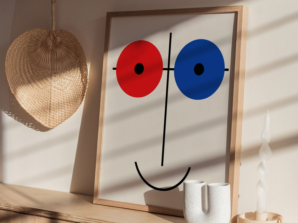 Red Blue Smile Poster | Red and Blue Minimalism Art Print | Modernist Wall Art — styled in an interior