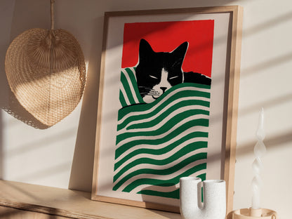 Cat Under Striped Blanket Poster | Green and Red Screen Print Art Print | Cat Lover Wall Art — styled in an interior