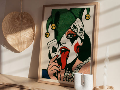 Joker Licks Ace Poster | Green and Red Screen Print Art Print | Dark Fantasy Wall Art — styled in an interior