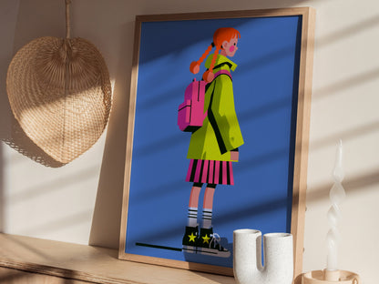 Girl in Green Hat Poster | Neon Brights Flat Design Art Print | Kids Room Wall Art — styled in an interior
