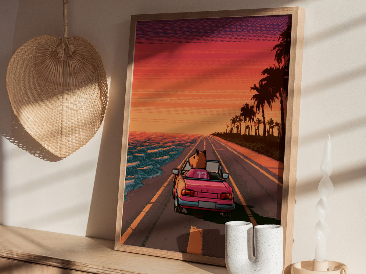 Capybara Drives Sunset Poster | Coral and Purple Pixel Art Print | Retro Gaming Wall Art — styled in an interior