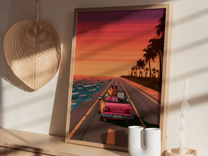 Capybara Drives Sunset Poster | Coral and Purple Pixel Art Print | Retro Gaming Wall Art — styled in an interior