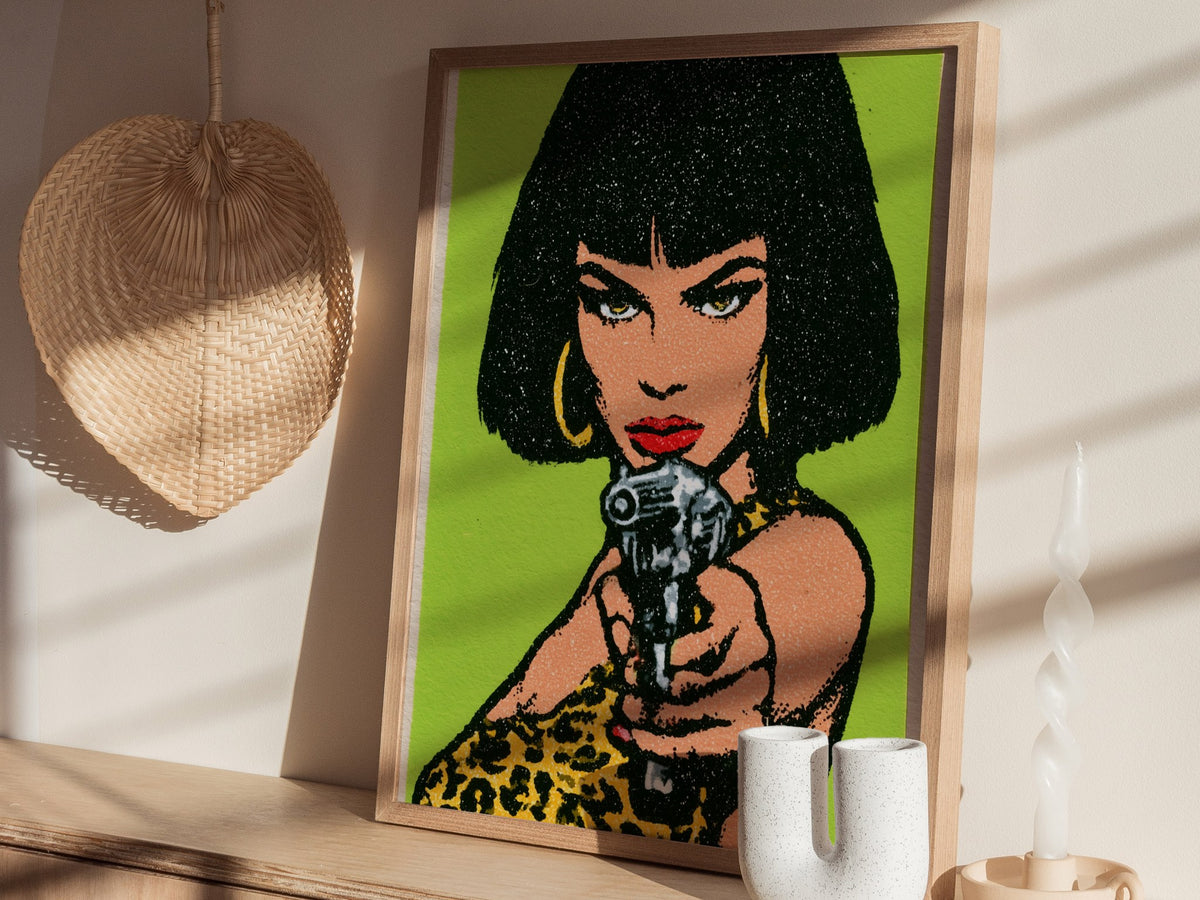 She Means Business Poster | Lime and Yellow Screen Print Art Print | Bold Maximalist Wall Art — styled in an interior