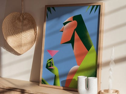 Modernist Sips Pink Poster | Pink and Periwinkle Screen Print Art Print | Art Deco Wall Art — styled in an interior