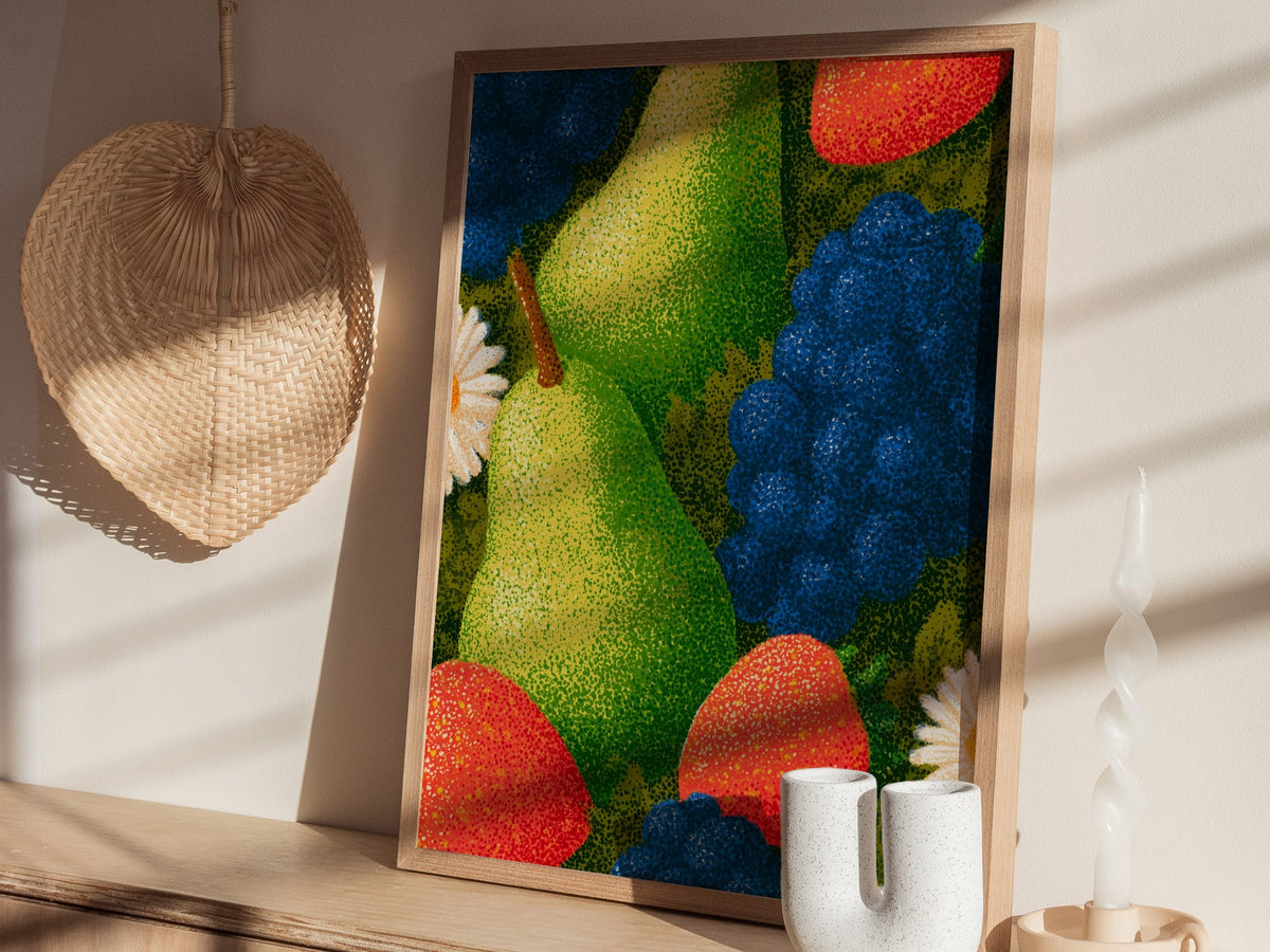 Fruit Bursts Bright Poster | Saturated Primary Illustrative Art Print | Kitchen Wall Art — styled in an interior