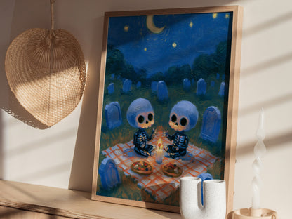 Skeleton Picnic Poster | Cobalt and Red Oil Painting Art Print | Goth Wall Art — styled in an interior