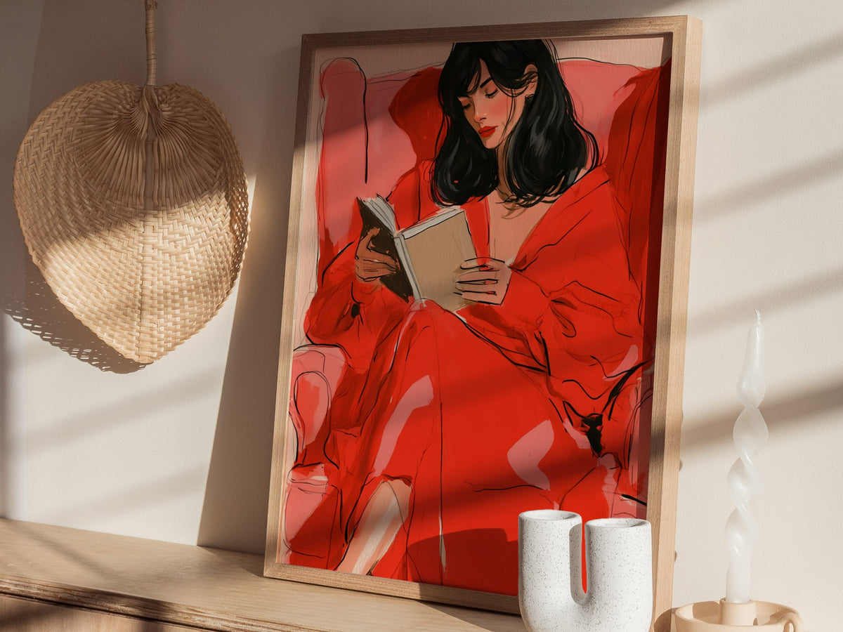 Woman Reading In Red Poster | Coral and Pink Illustrative Art Print | Quiet Interiors Wall Art — styled in an interior
