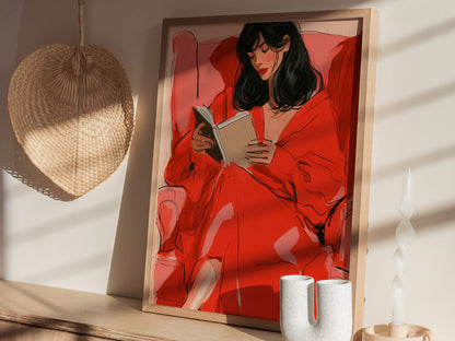 Woman Reading In Red Poster | Coral and Pink Illustrative Art Print | Quiet Interiors Wall Art — styled in an interior