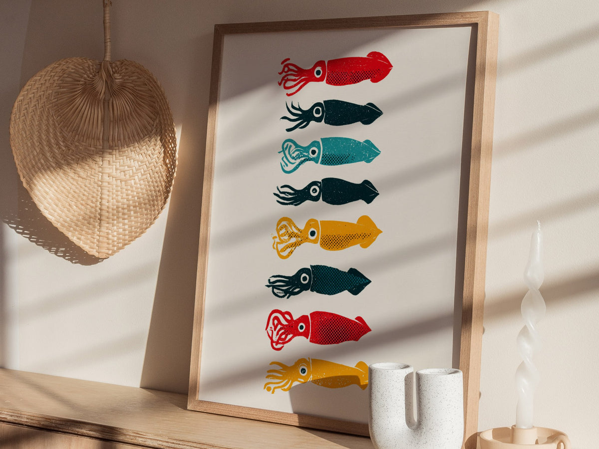 Five Squid Stack Poster | Multicolor Screen Print Art Print | Kitchen Wall Art — styled in an interior
