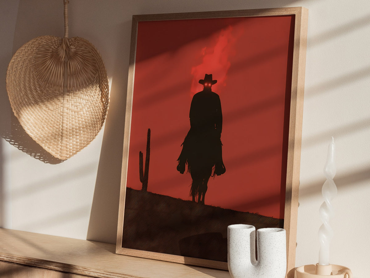 Burning Rider Poster | Coral and Slate Screen Print Art Print | Western Wall Art — styled in an interior