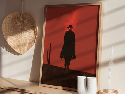 Burning Rider Poster | Coral and Slate Screen Print Art Print | Western Wall Art — styled in an interior