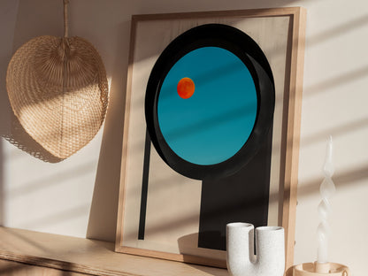 Circular Window Portal Poster | Cobalt and Orange Minimalism Art Print | Minimalist Wall Art — styled in an interior