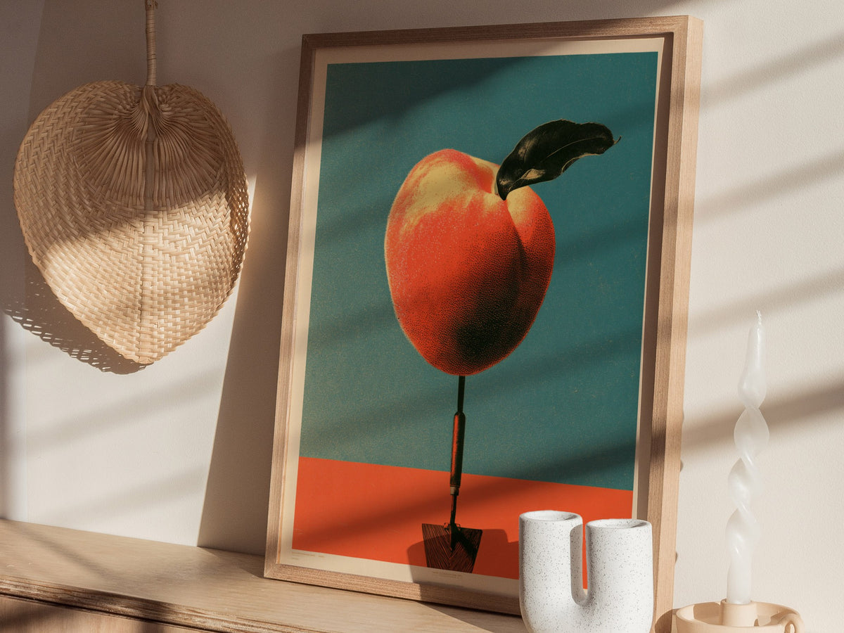 Trowel and Peach Poster | Teal and Orange Screen Print Art Print | Kitchen Wall Art — styled in an interior