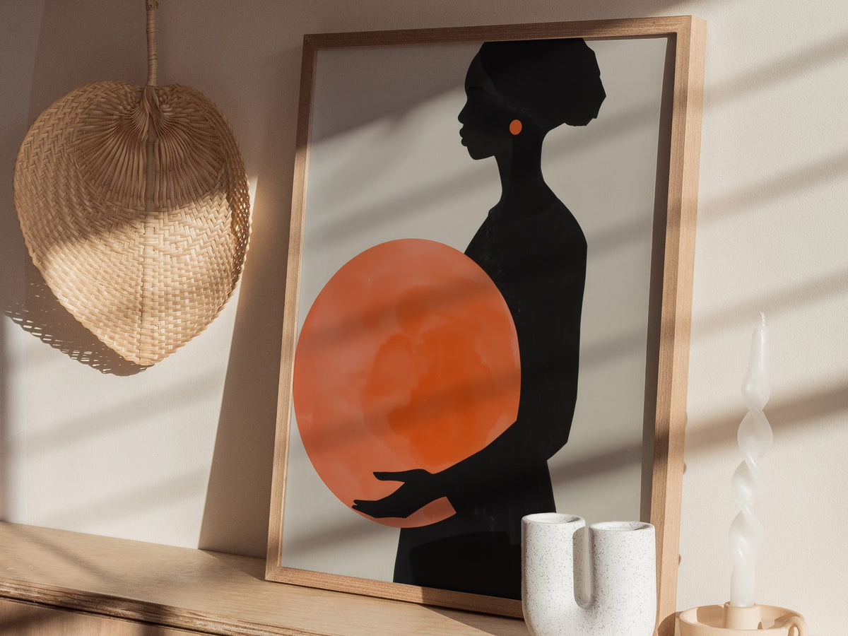 Woman with Orange Sphere Poster | Coral and Black Minimalism Art Print | Minimalist Wall Art — styled in an interior