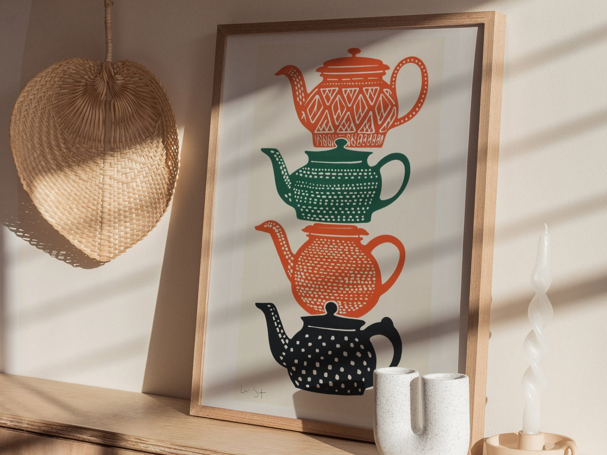 Stacked Teapots Poster | Burnt Orange Screen Print Art Print | Kitchen Wall Art — styled in an interior