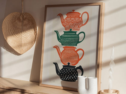 Stacked Teapots Poster | Burnt Orange Screen Print Art Print | Kitchen Wall Art — styled in an interior