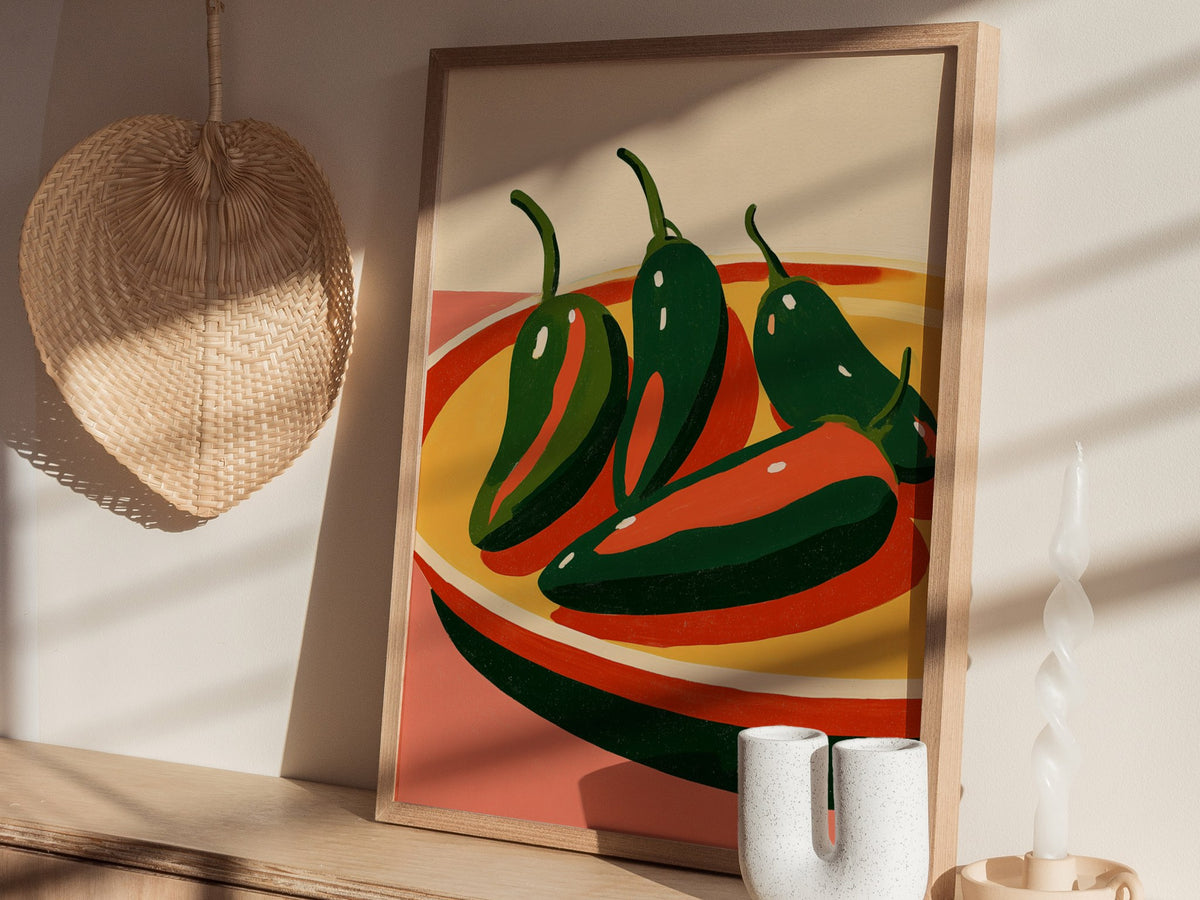 peppers-on-yellow-plate Poster | Yellow and Red Illustrative Art Print | Kitchen Wall Art — styled in an interior