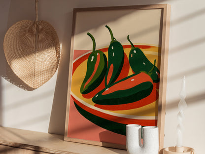 peppers-on-yellow-plate Poster | Yellow and Red Illustrative Art Print | Kitchen Wall Art — styled in an interior
