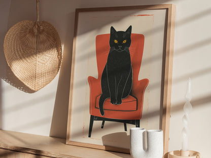 Black Cat in Red Chair Poster | Coral and Black Flat Design Art Print | Cat Lover Wall Art — styled in an interior