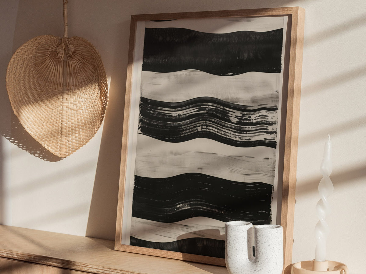 stripe-horizon Poster | Ochre and Navy Minimalism Art Print | Minimalist Wall Art — styled in an interior