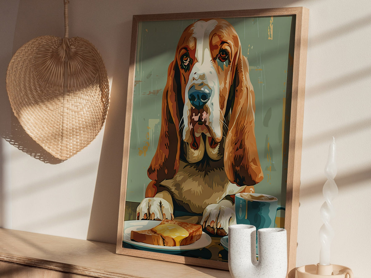 Hound Waits for Toast Poster | Tan and Cobalt Illustrative Art Print | Kitchen Wall Art — styled in an interior