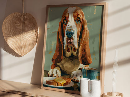 Hound Waits for Toast Poster | Tan and Cobalt Illustrative Art Print | Kitchen Wall Art — styled in an interior