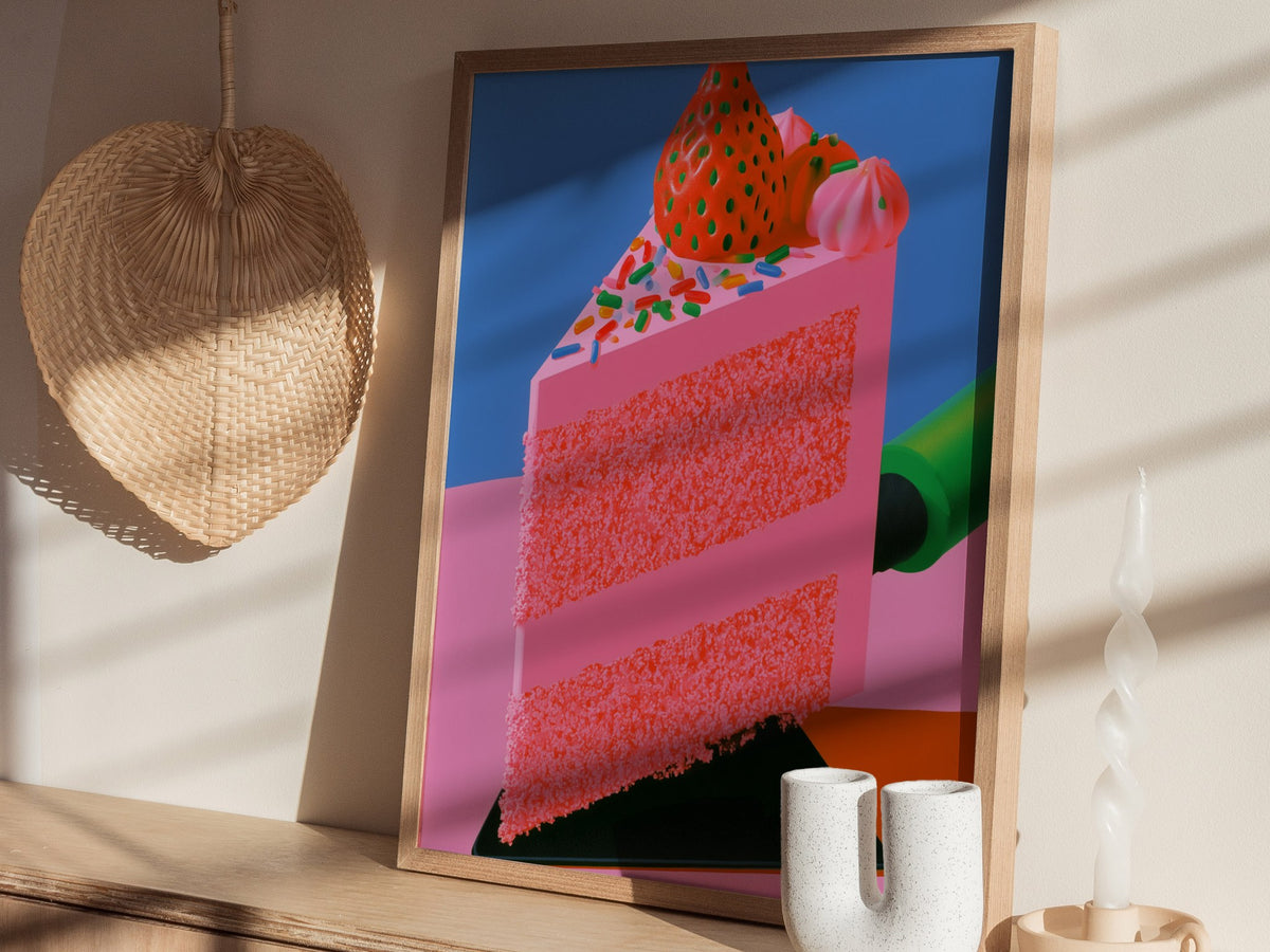 Frosted Layer Cake Poster | Pink and Cobalt Illustrative Art Print | Kitchen Wall Art — styled in an interior