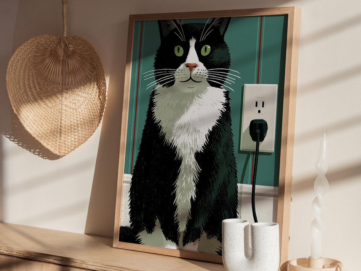 Tuxedo Cat Unplugged Poster | Sage and Cream Illustrative Art Print | Cat Lover Wall Art — styled in an interior