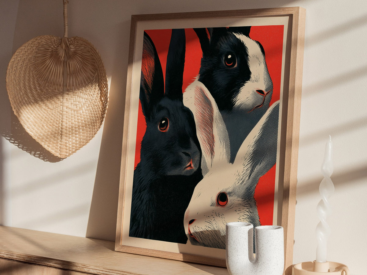 Tuxedo Rabbits Yellow Poster | Mustard and Black Screen Print Art Print | Animal Advocacy Wall Art — styled in an interior