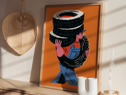 Mechanic Carries Tires Poster | Orange and Blue Illustrative Art Print | Workshop Wall Art — styled in an interior