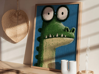 Wide-eyed Crocodile Poster | Green and Cobalt Illustrative Art Print | Kids Room Wall Art — styled in an interior